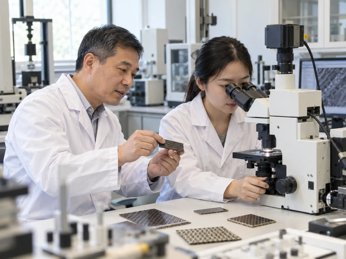 高校材料实验室内，研究人员协作观察纤维复合材料